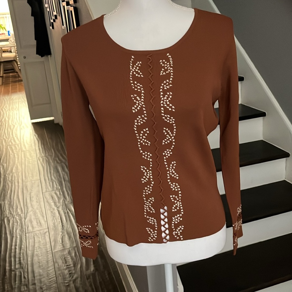 Carducci Brown with White Embroidery Long Sleeves Sweater. Sz Med.